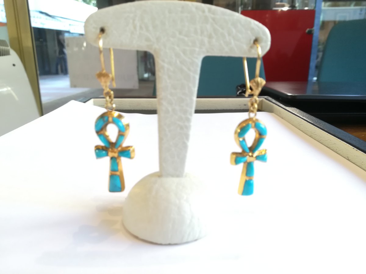 Boucles d Oreille Croix Ankh Or Email-photo-1