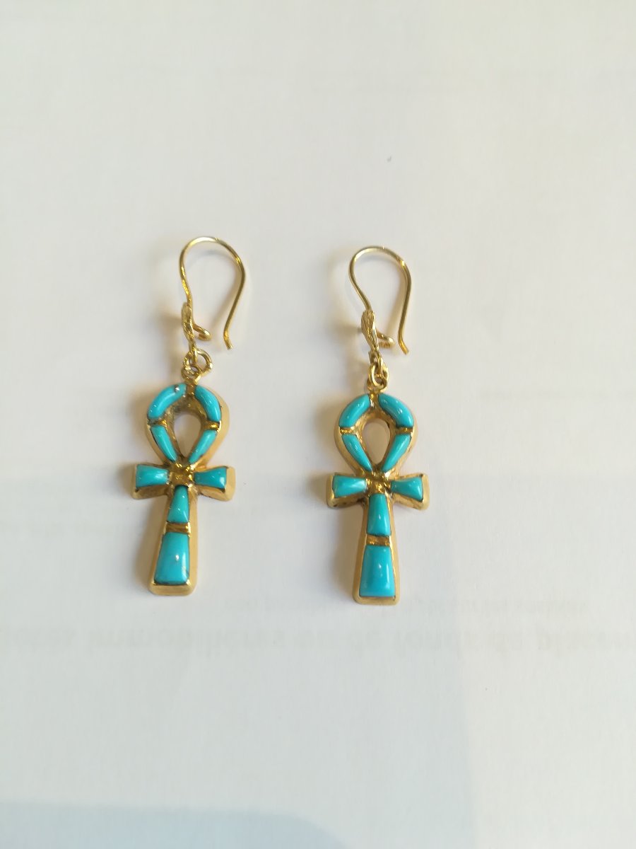 Boucles d Oreille Croix Ankh Or Email