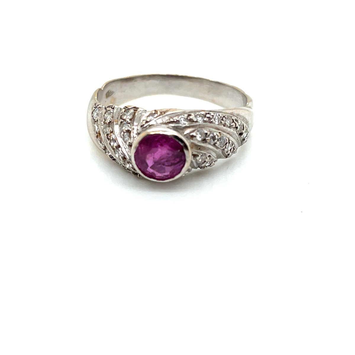Bague Jonc Godron Or Blanc Rhodié Saphir rose