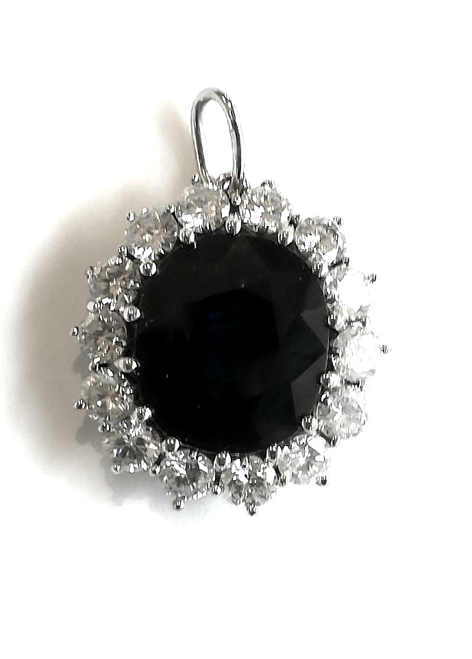 Grand Pendentif Or Blanc Saphir Entourage Diamants-photo-3