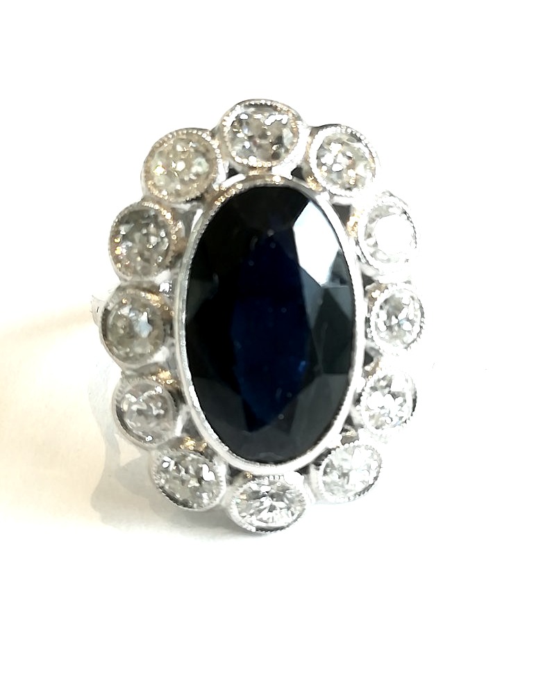Art Deco Pompadour Ring In Platinum With Sapphire And Diamonds-photo-4