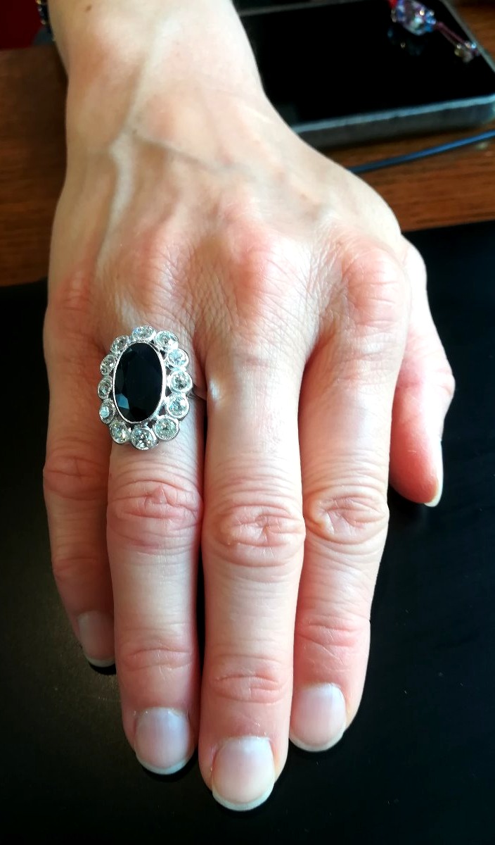 Art Deco Pompadour Ring In Platinum With Sapphire And Diamonds-photo-2