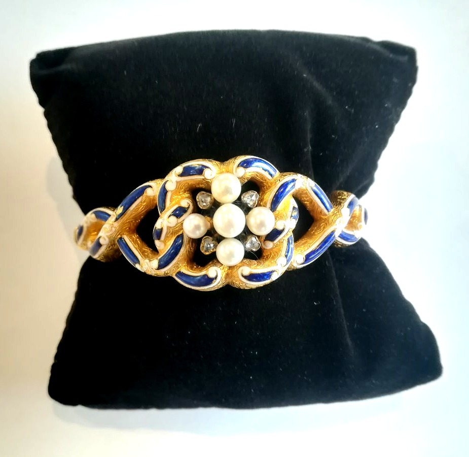 Antique Gold Enamel Bracelet With Pearls And Diamonds