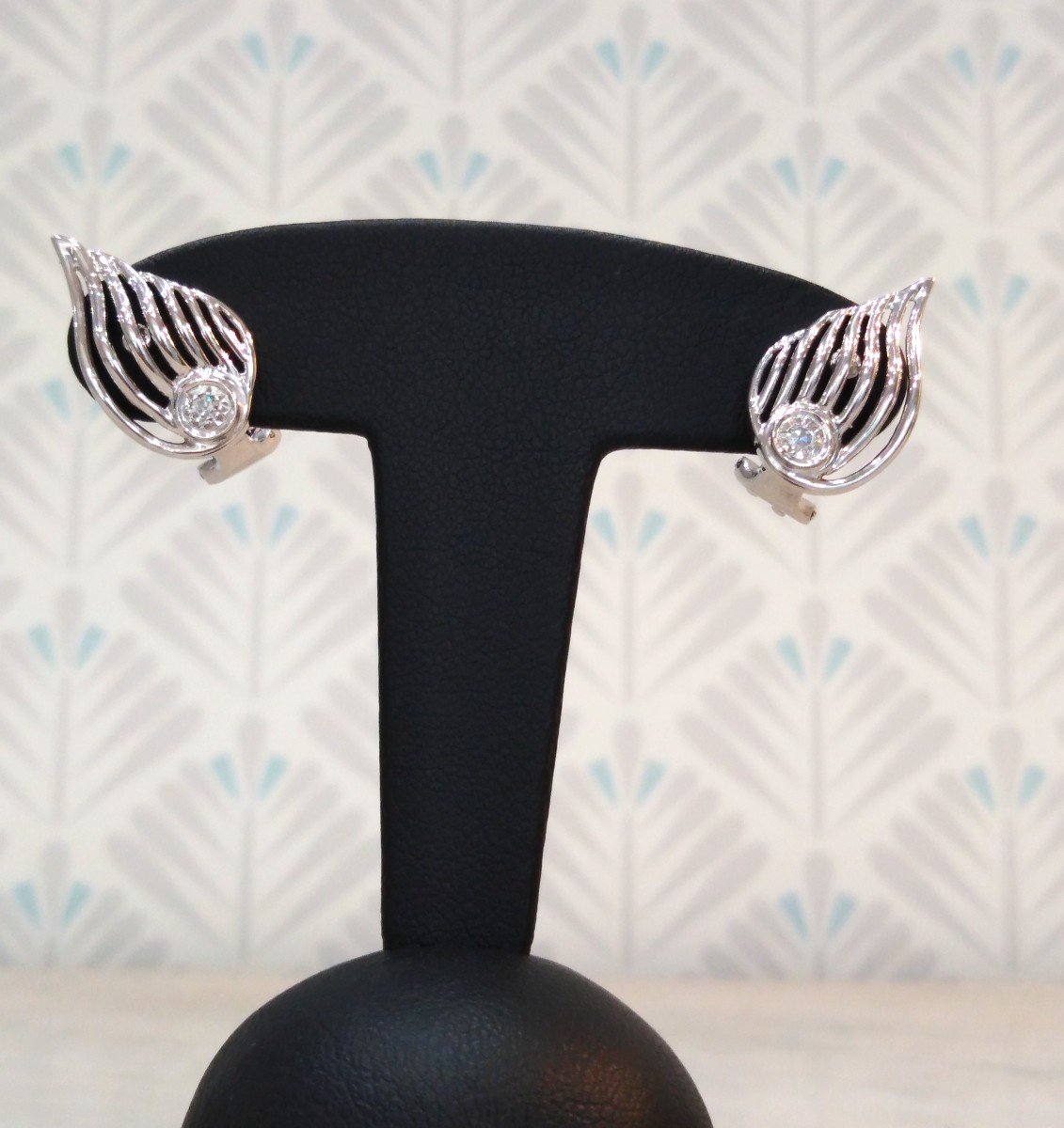 Boucles D Oreilles Feuilles Or Blanc Diamants-photo-1