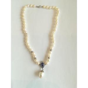 Parure Collier et Boucles d Oreille Perles Diamants Tanzanites