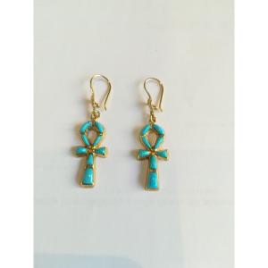 Boucles d Oreille Croix Ankh Or Email