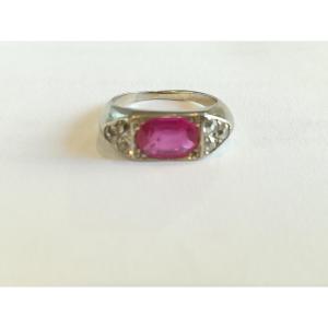 Bague Jonc Art Déco Or Blanc Pierre Rouge/Rose