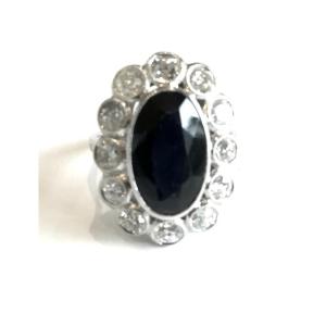 Art Deco Pompadour Ring In Platinum With Sapphire And Diamonds