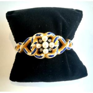 Antique Gold Enamel Bracelet With Pearls And Diamonds