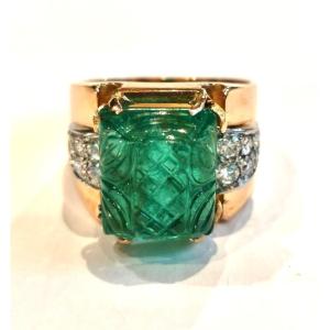 Tank Ring With Emerald And Diamonds