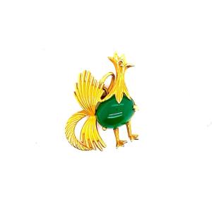 Pendentif Vintage Coq De Bruyère Or Calcédoine Verte