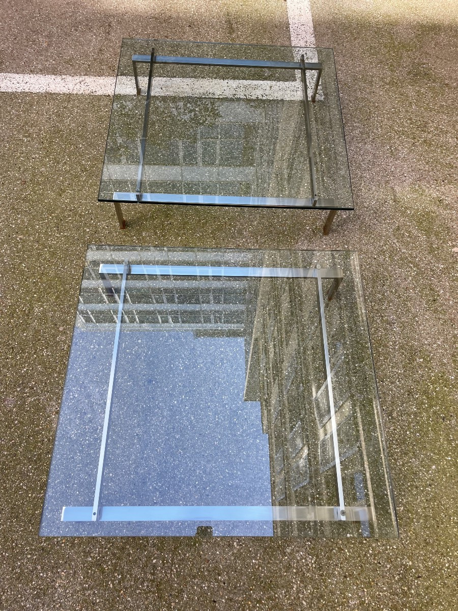 Paire de Tables basses Verre et Acier chromé satiné-photo-2