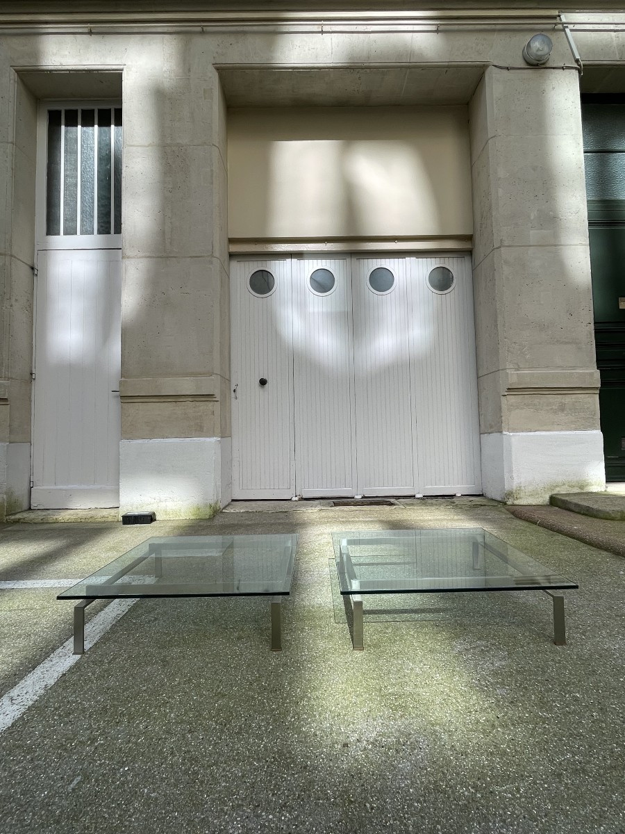 Paire de Tables basses Verre et Acier chromé satiné-photo-3