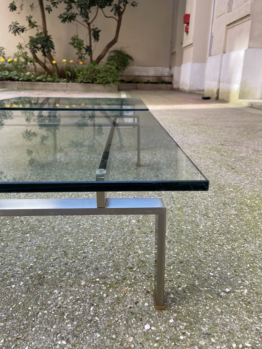 Paire de Tables basses Verre et Acier chromé satiné-photo-4