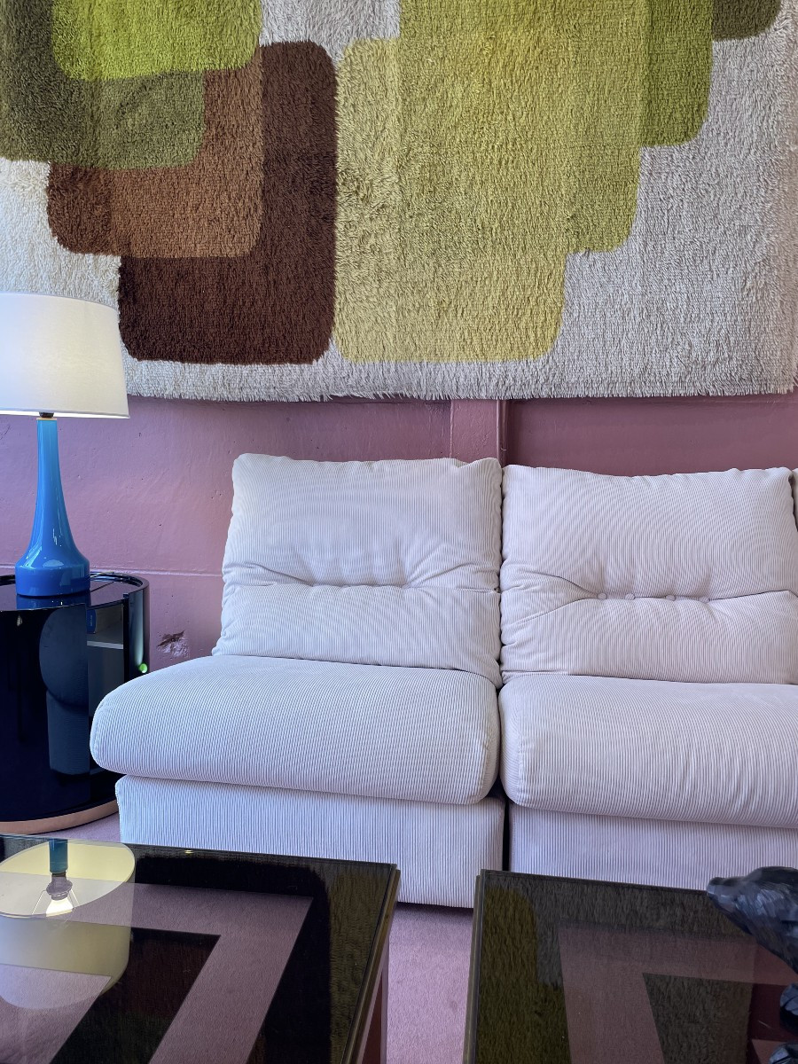 Canapé modulable, velours côtelé blanc cassé, 4 éléments : 3 chauffeuses + 1 angle  Années 70-photo-2