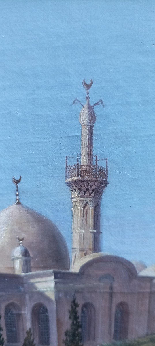 Peintre Orientaliste Milieu XIXe Siècle Vue d'Une Mosquée Avec Minaret, Belle Peinture à l'Huil-photo-2
