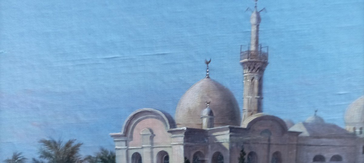 Peintre Orientaliste Milieu XIXe Siècle Vue d'Une Mosquée Avec Minaret, Belle Peinture à l'Huil-photo-3