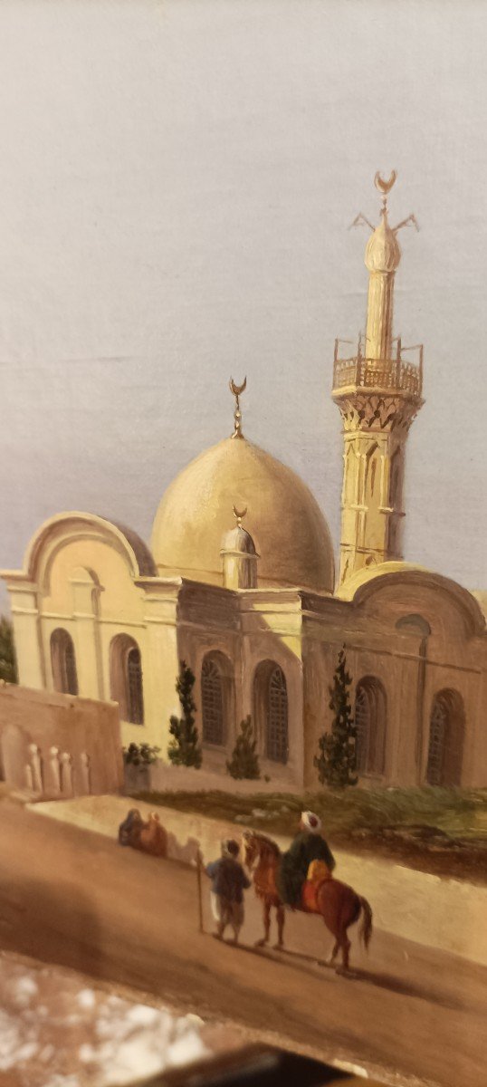 Peintre Orientaliste Milieu XIXe Siècle Vue d'Une Mosquée Avec Minaret, Belle Peinture à l'Huil-photo-4
