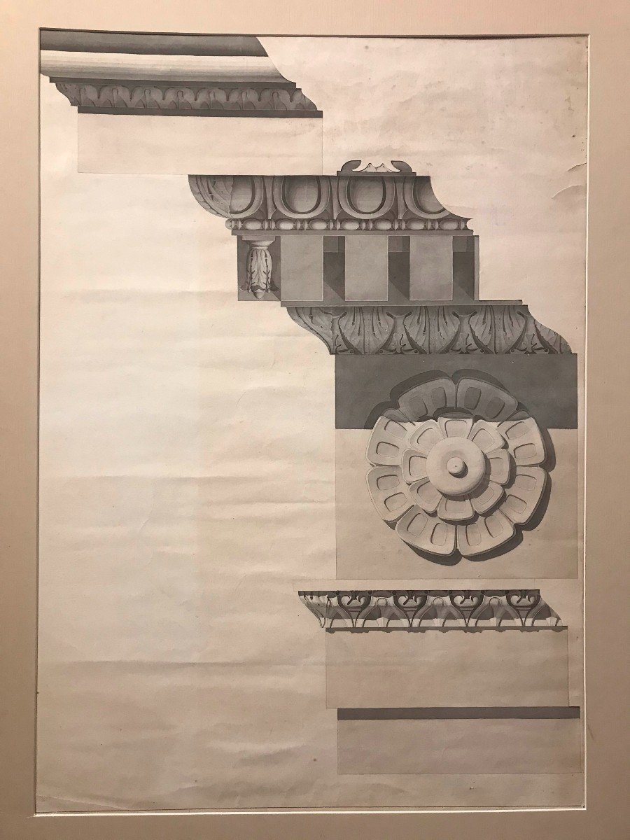 Rome - Architectural Frieze Of The Pantheon - 19th Century Watercolor Italy Italian