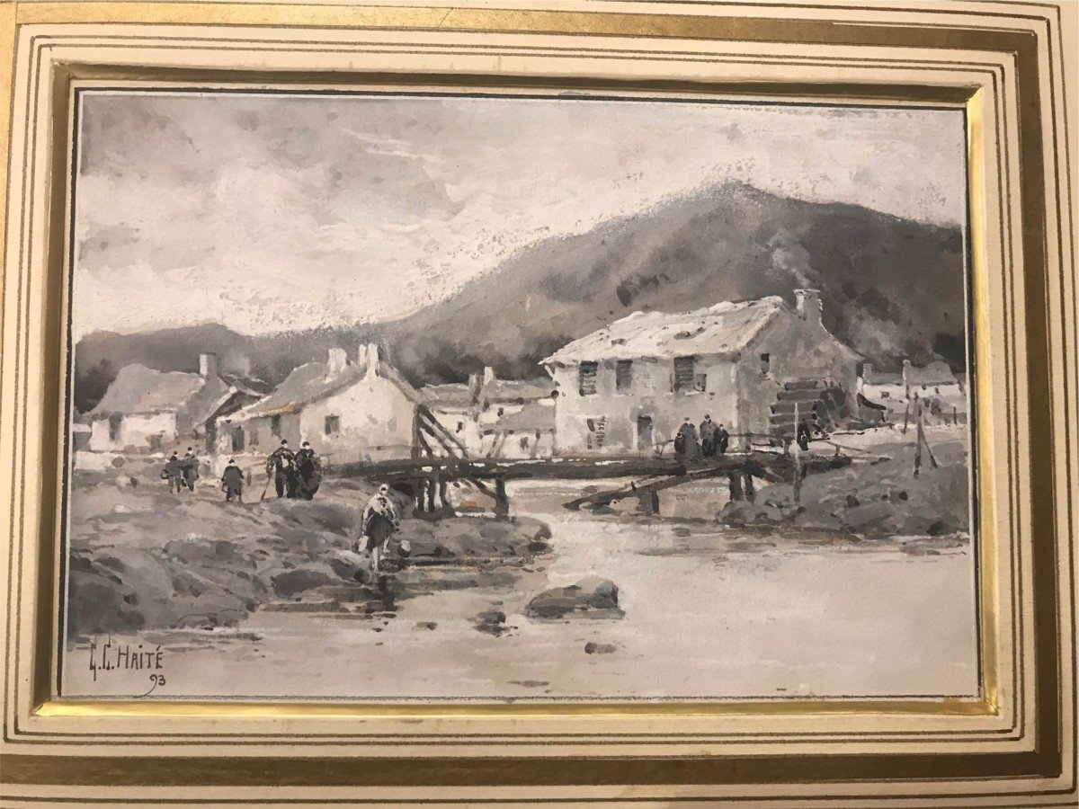 Georges Charles Haite -Paysage enneigé - 1893 Angleterre -gouache aquarelle-photo-3