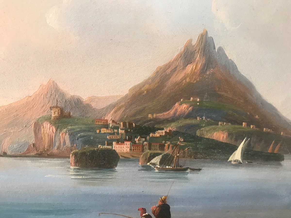 Ecole Napolitaine-e Vue De Ischia - Huile Sur Papier - XIX S Naples Italie Grand Tour-photo-2