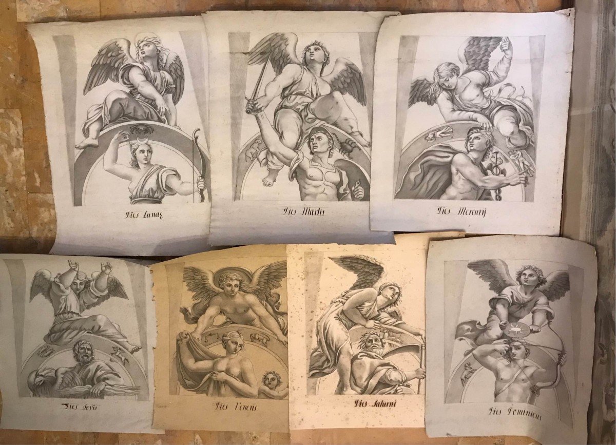 Ecole européenne - 7 jours - Dessin et Aquarelle - Signes du zodiaque -XIX sec Italie France