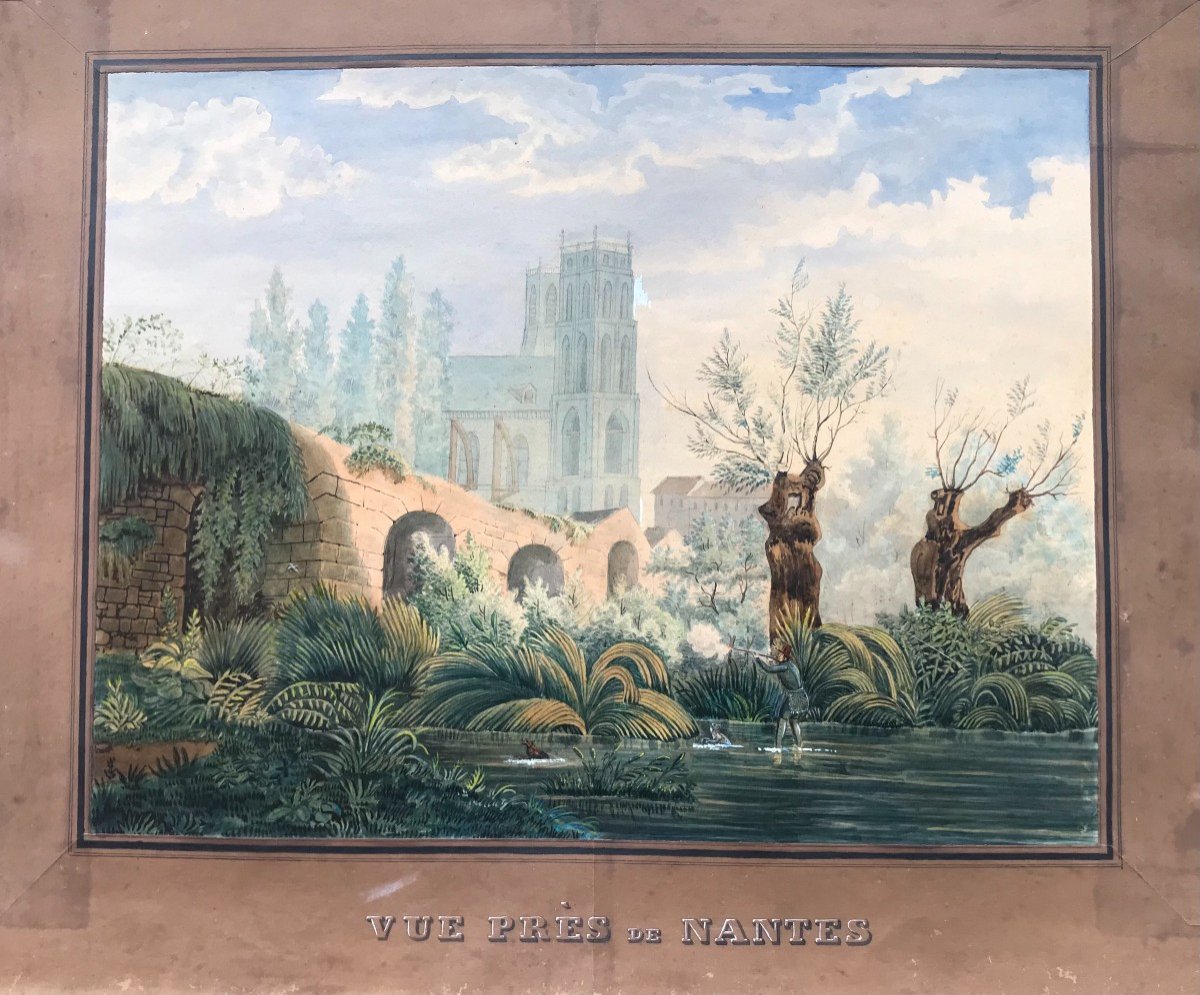 Vue de Nantes - Cathédral avec scène de chasse - France - aquarelle