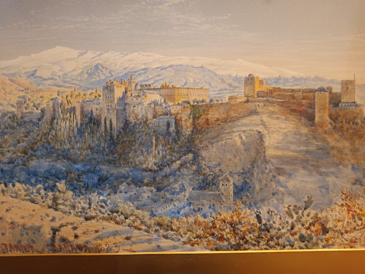 Henry Stainer -Grenade - Aquarelle  Vue De l'Alhambra  - 1883 Espagne Granada -photo-2