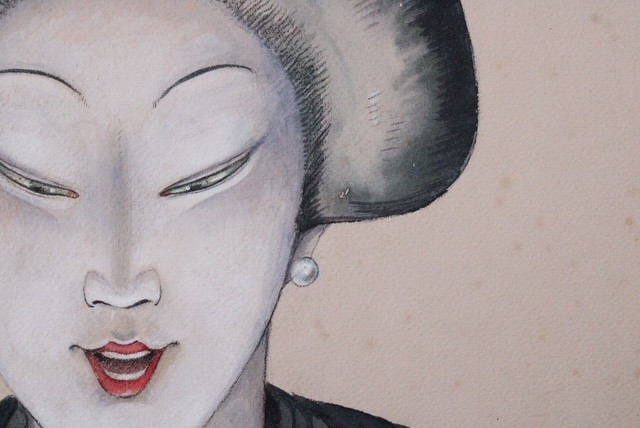 Max Léon Moureau - Watercolor Of A Japanese Woman With A Pearl / Chinese Watercolor / Oriental -photo-2