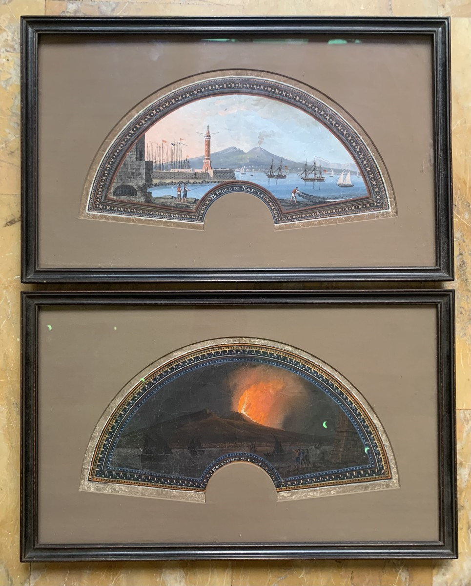 Neapolitan School Pair Of Eruptions Of Vesuvius Fans -italy Naples Grand Tour Gouaches 