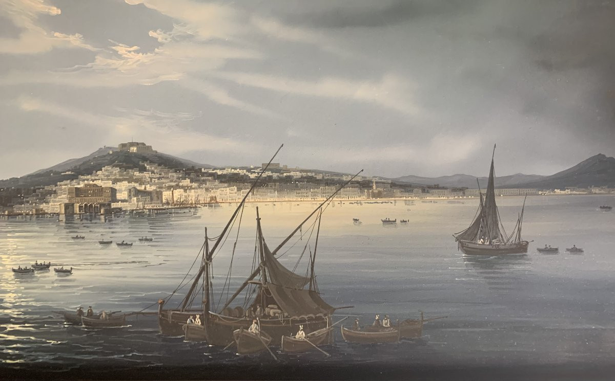G. La Pira - Naples vue de la mer la nuit - Gouache napolitaine - Grand Tour Italie Vesuve-photo-4