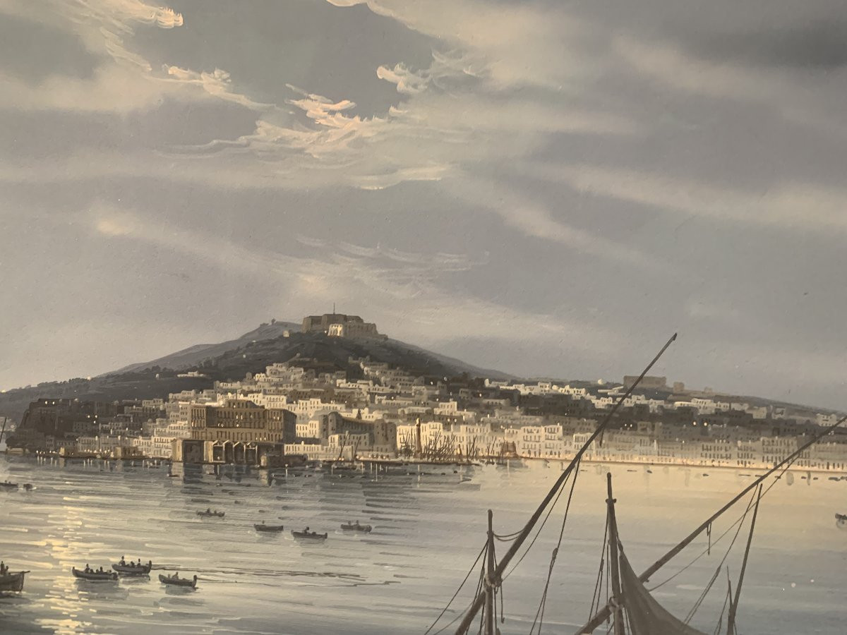 G. La Pira - Naples vue de la mer la nuit - Gouache napolitaine - Grand Tour Italie Vesuve-photo-2