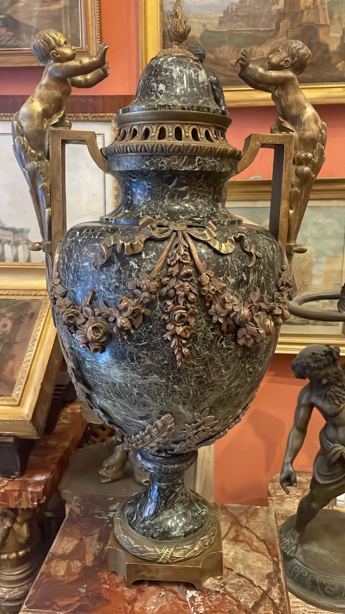 Marble Vase With Bronze Inserts Depicting Floral Motifs And Cherubs, Italy-france
