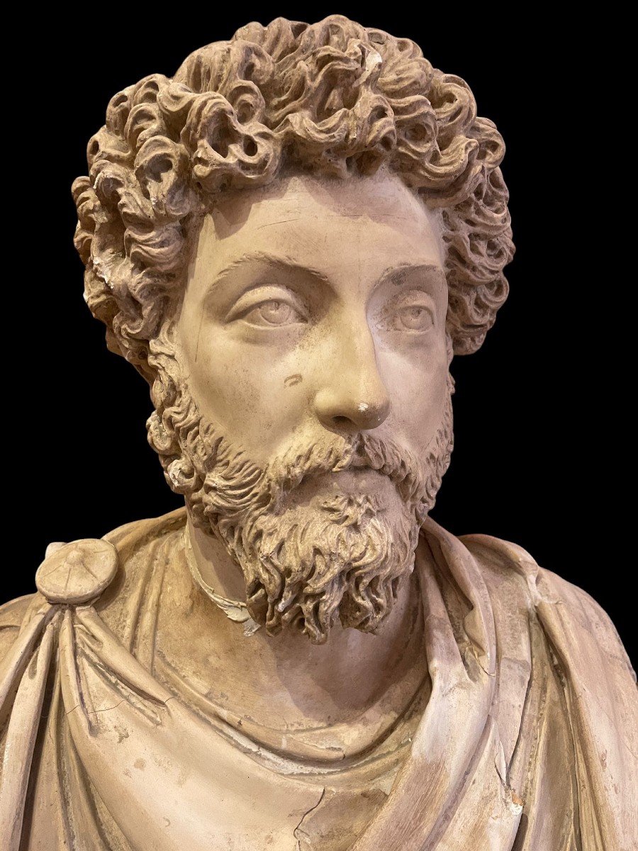 portrait de l'empereur romain Marc Aurèle.-Modèle en scagliola d'après le marbre du Louvre-photo-3