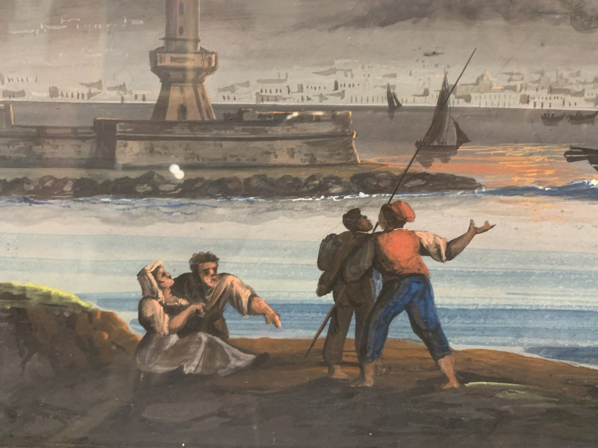 École napolitaine - Éruption du Vésuve nuit - 1840 environ - Grand Tour  Naples  Italie -photo-2