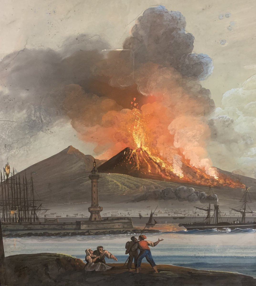 École napolitaine - Éruption du Vésuve nuit - 1840 environ - Grand Tour  Naples  Italie -photo-3