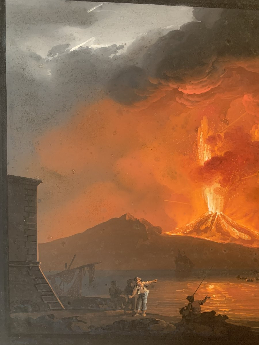 Camillo de Vito - Éruption du Vésuve de nuit - 1822 -Gouache signée-Naples Grand Tour Italie-photo-5