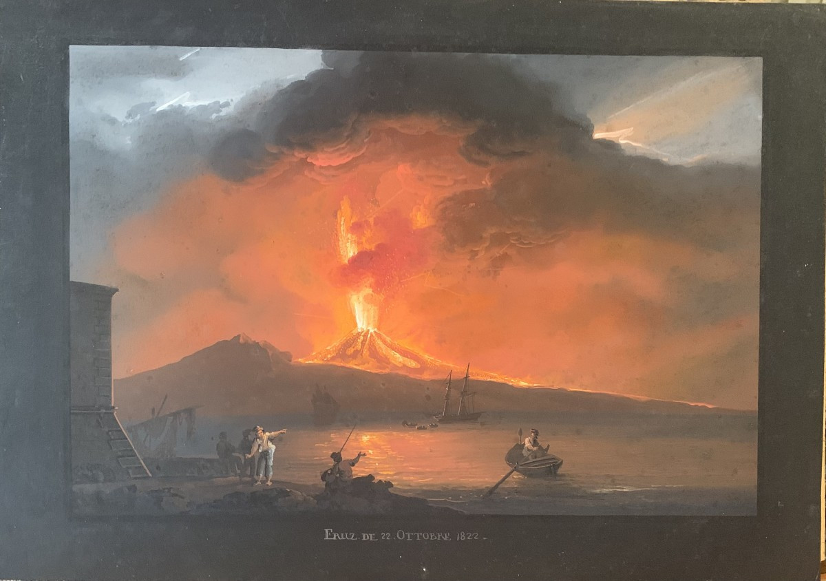 Camillo de Vito - Éruption du Vésuve de nuit - 1822 -Gouache signée-Naples Grand Tour Italie