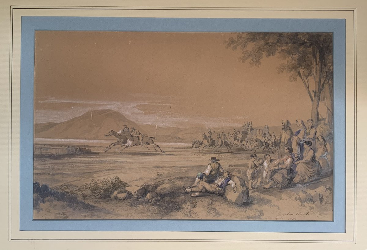 Consalvo Carelli - 2 Watercolors Of A Horse Race In Naples - Neapolitan Italy, April 13, 1850. -photo-2