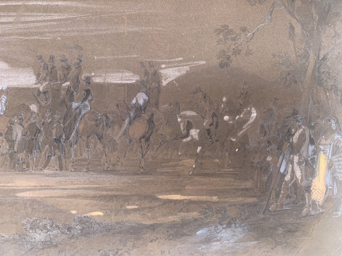 Consalvo Carelli - 2 Watercolors Of A Horse Race In Naples - Neapolitan Italy, April 13, 1850. -photo-4