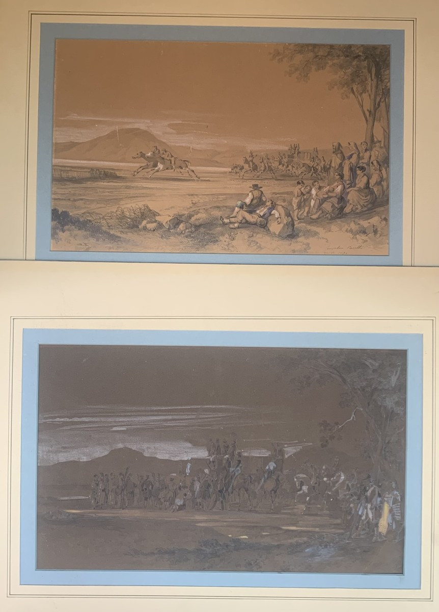 Consalvo Carelli - 2 Watercolors Of A Horse Race In Naples - Neapolitan Italy, April 13, 1850. 