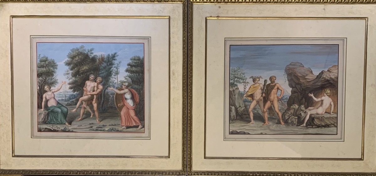 Ecole napolitaine - 2 gouaches - Tombeau des Nasoni à Rome - Néoclassique  XVIII s Grand Tour