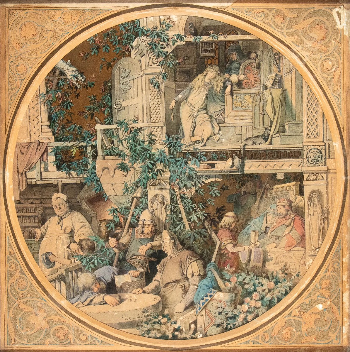 Carl Gehrts - Sleeping Beauty - 1876 Watercolor - Germany Dusserldorf - Hamburg Dornröschen-photo-2