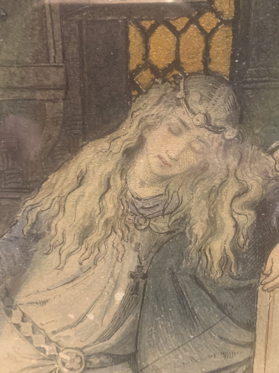 Carl Gehrts - Sleeping Beauty - 1876 Watercolor - Germany Dusserldorf - Hamburg Dornröschen-photo-2