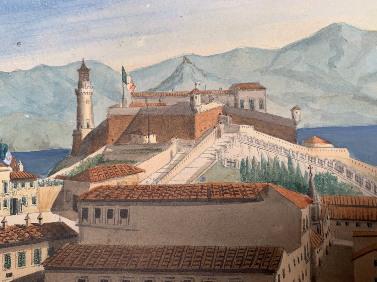 École italienne, palais habité par Napoléon, île d'Elbe - aquarelle, France, français-photo-2