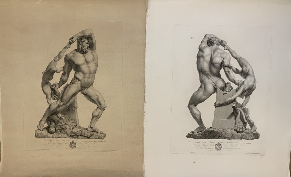 Canova - Hercule et Lichas - Graveur de Fontana - vers 1820  2 eaux-fortes de nus masculins