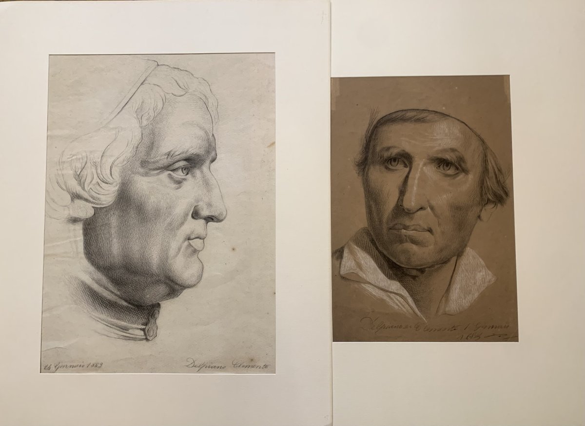 Clemente Delpiano - Two Drawings Of Male Portraits - 1883 - Male Portraits, Italy 