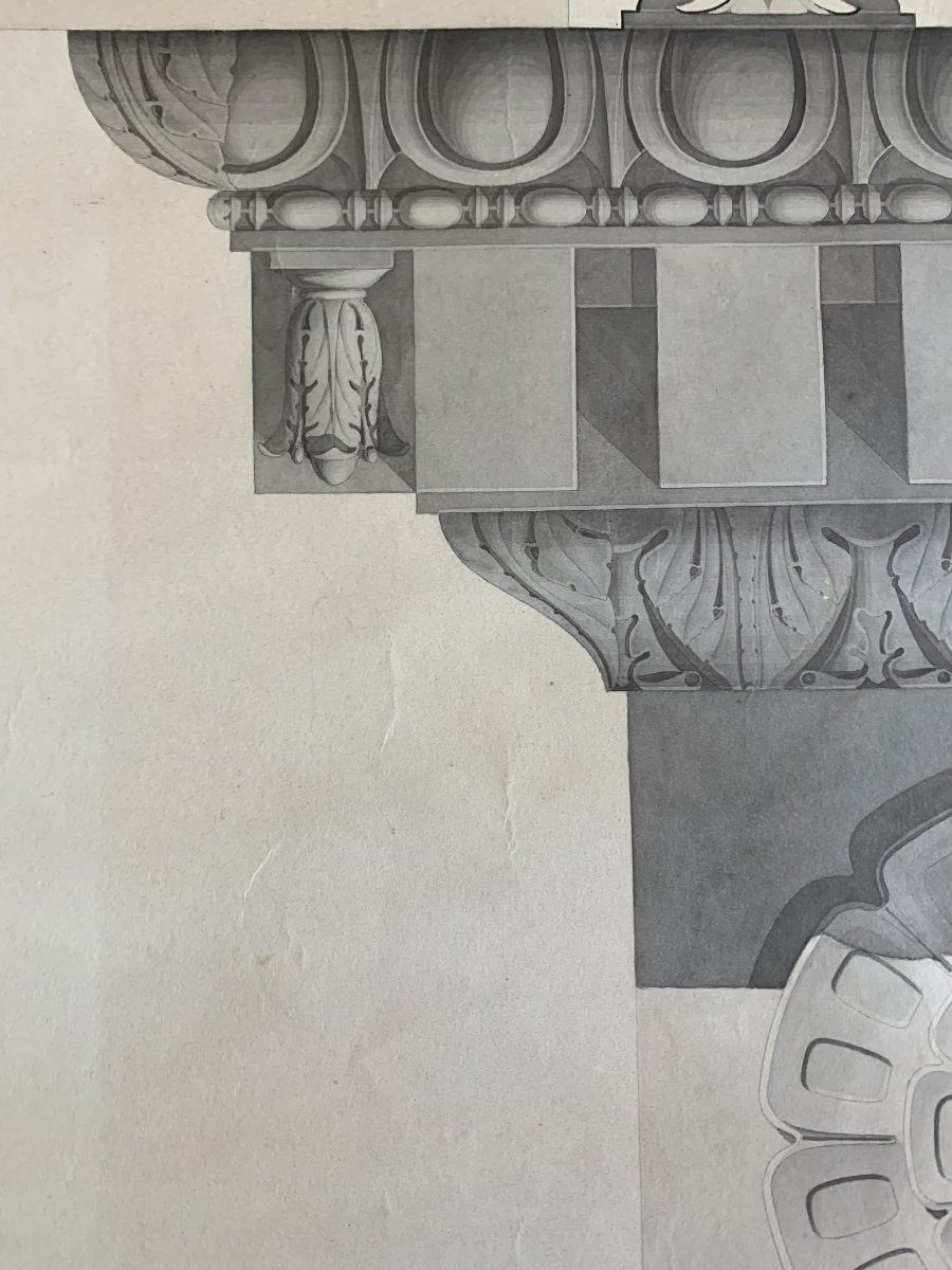 Study Of A Roman Pediment – Watercolor, Ca. 1830 – Architecture, Italy, Rome – Academy -photo-4