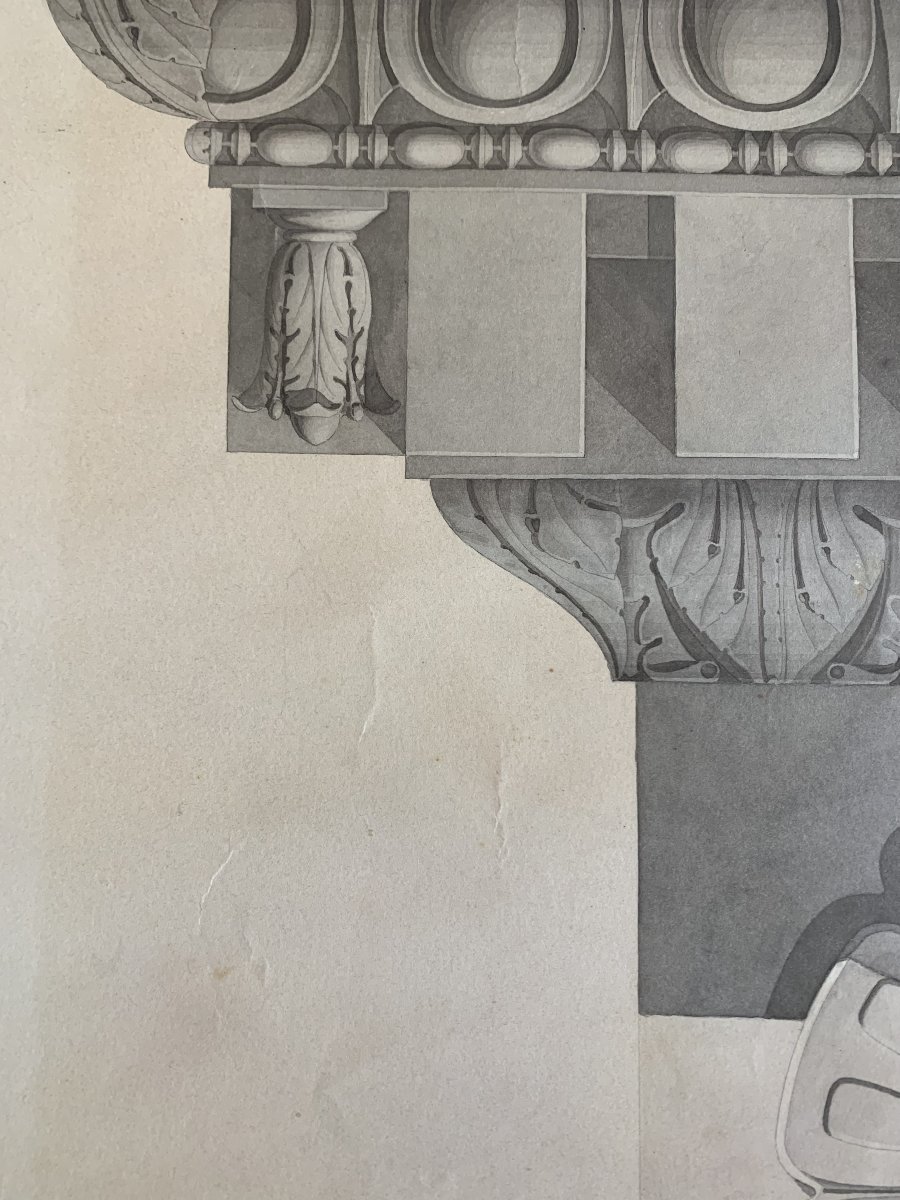 Study Of A Roman Pediment – Watercolor, Ca. 1830 – Architecture, Italy, Rome – Academy -photo-3
