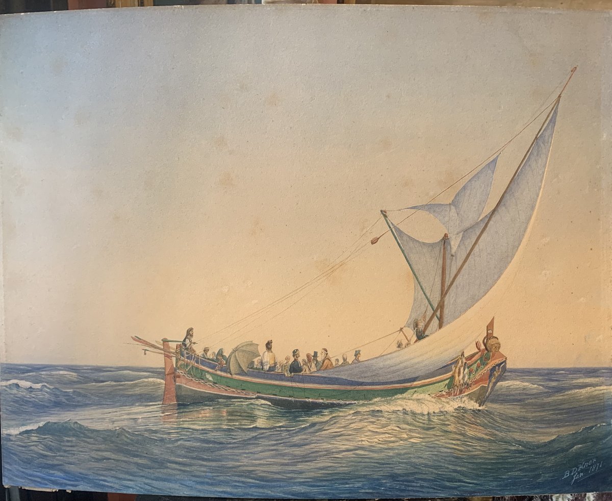 Brownlow D. Knox - Bateau maltais - Malte - Aquarelle 1871 Angleterre Valletta